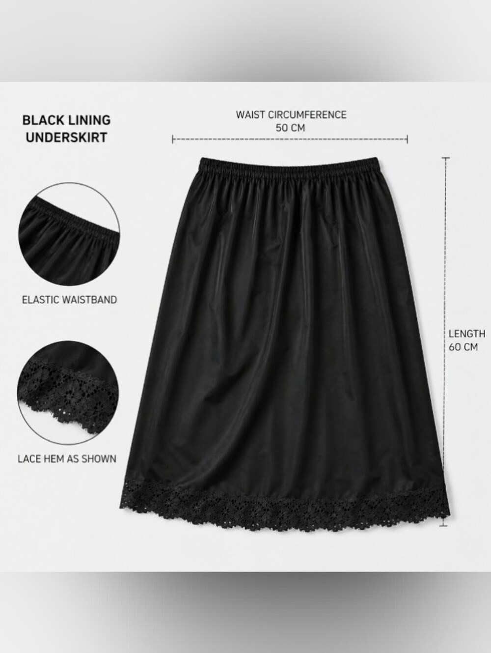 Vintage Black Women’s Lined Half Slip Skirt with Lace Hem Size M-L